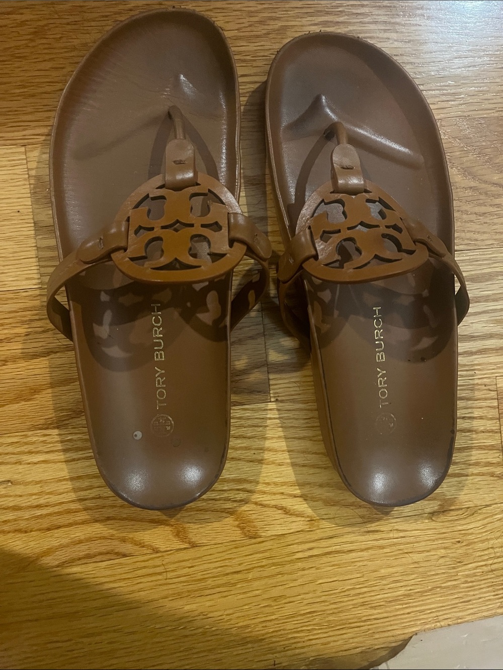Tory Burch Brown Leather Logo Thong Sandals
